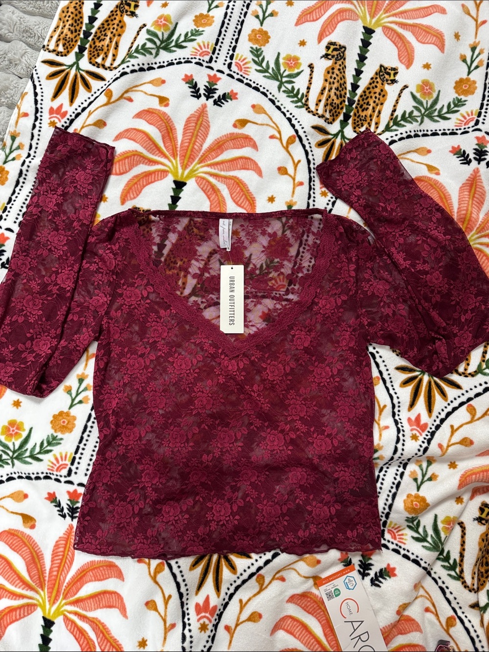 Urban Outfitters out from under Burgundy Lace V-Neck Long Sleeve Top - Picture 2 of 3